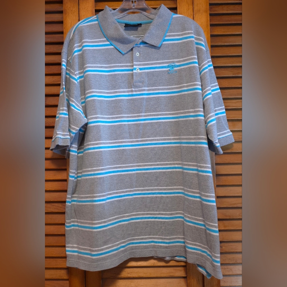 Beverly Hills Polo Club Men's Gray With Blue & White Stripes Short  Sleeve 2X